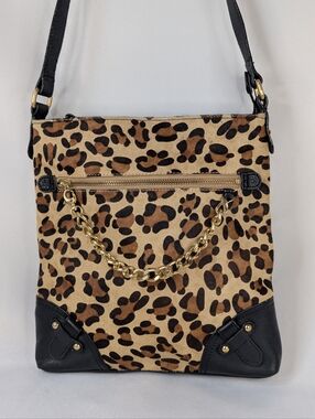 Luce Leopard Print Chain Crossbody Bag Genuine Calf Hair Leather Large Womens
